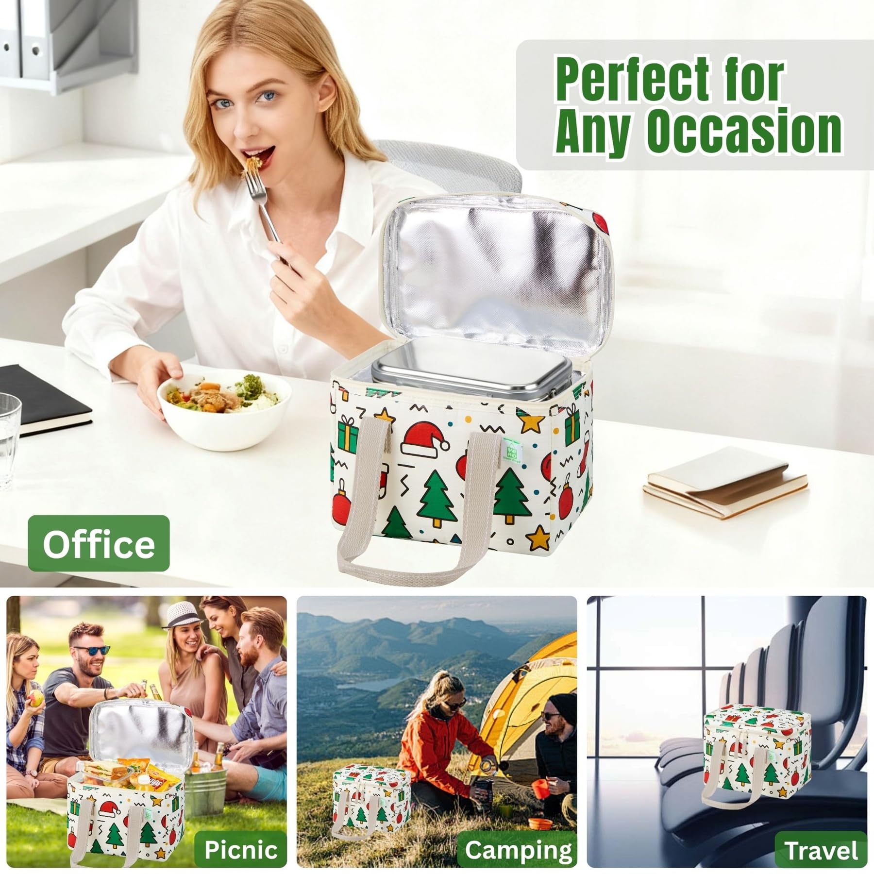 VENO Christmas lunch bag reinforced handles signal durability for daily use.