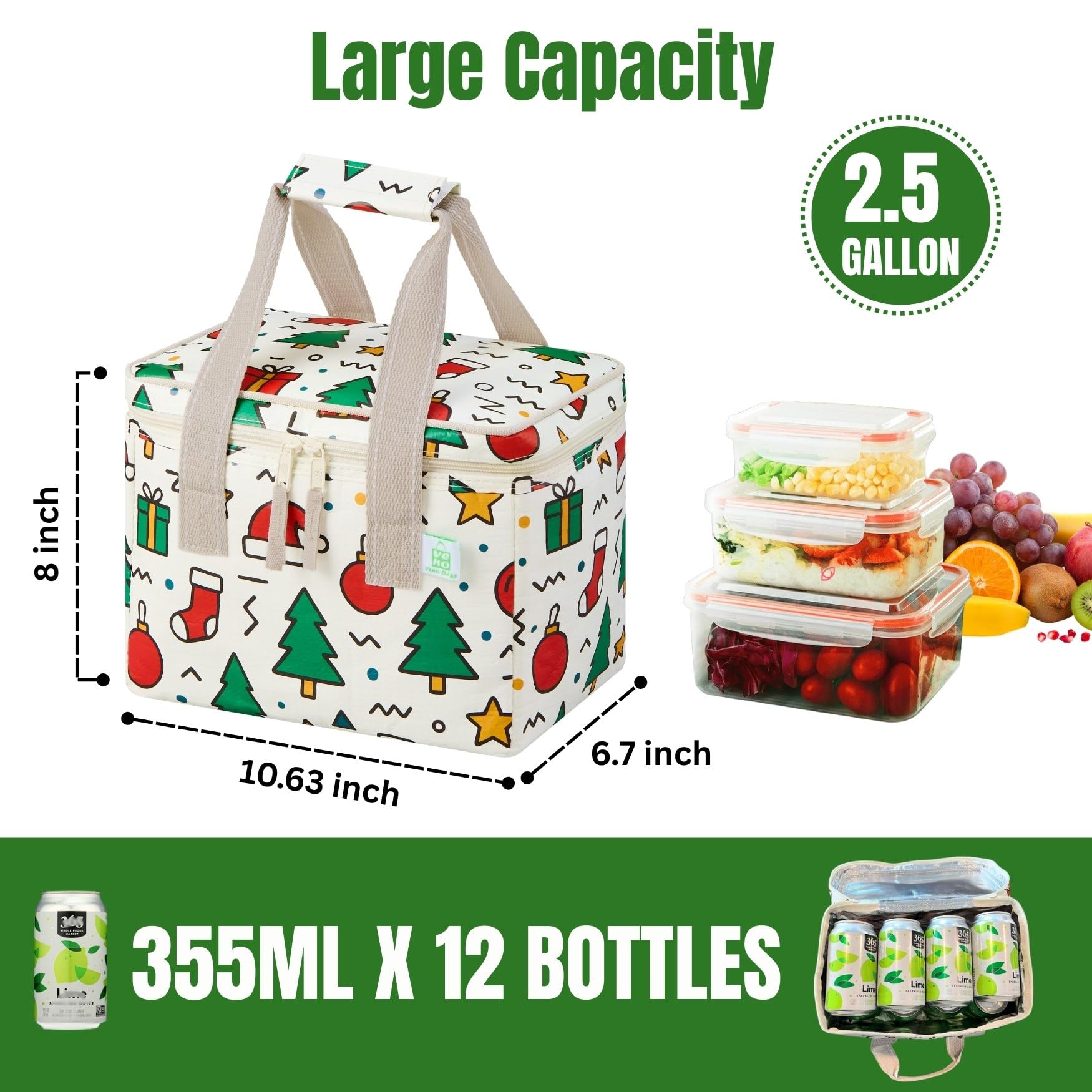 VENO Christmas lunch bag top-open view for quick access to contents.