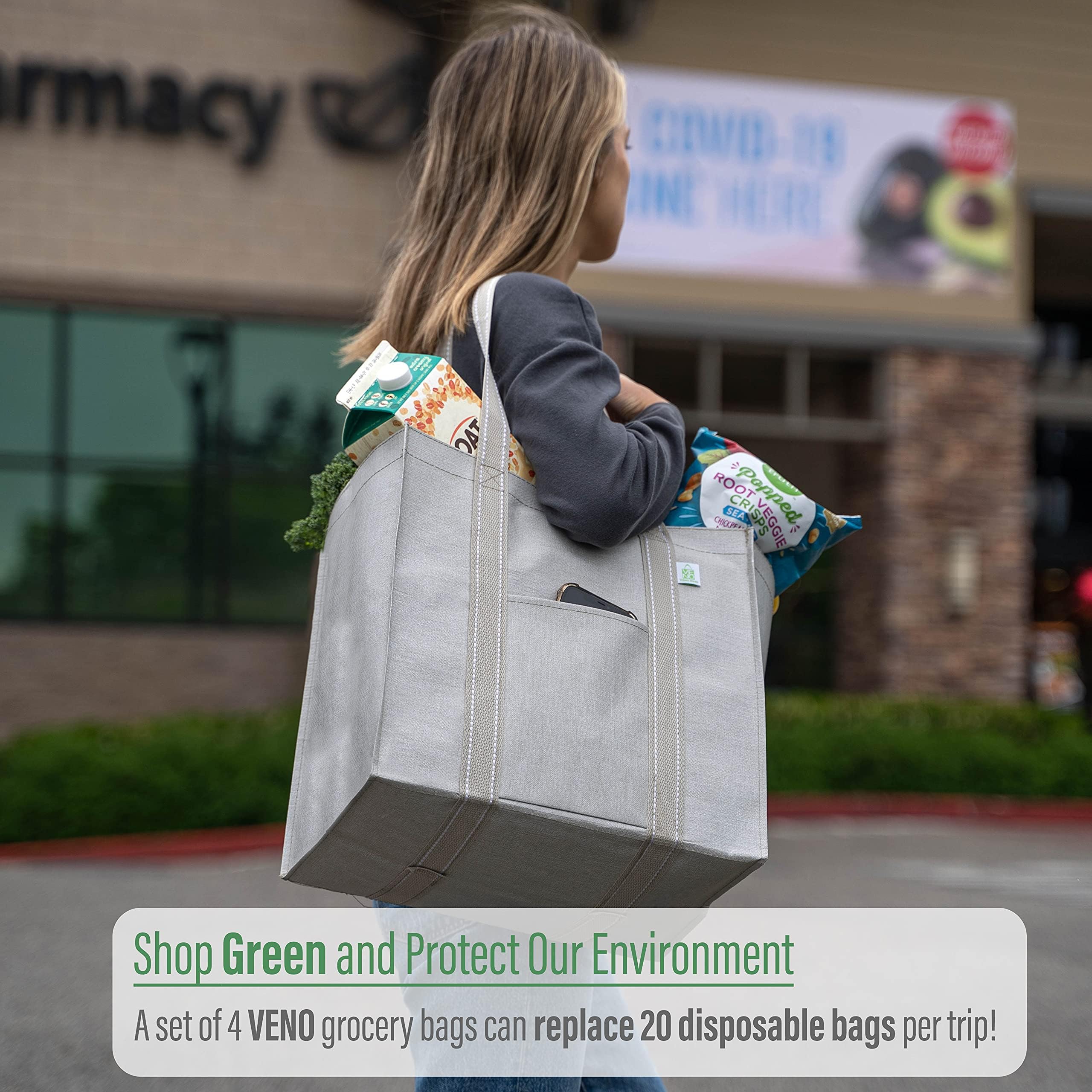 VENO foldable bags save space in car, kitchen, or purse.