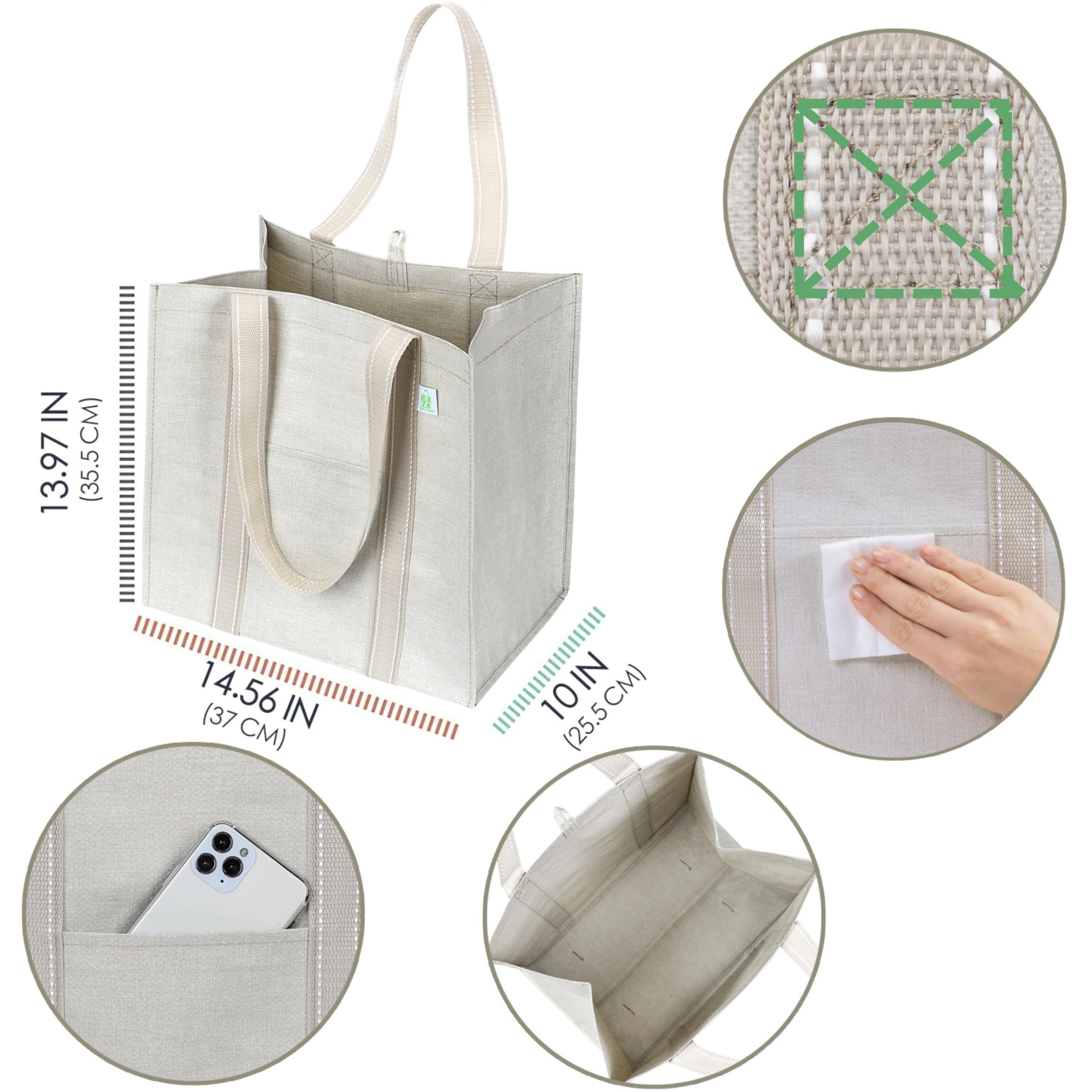 VENO four-pack beige bags with front pocket for easy shopping list access.