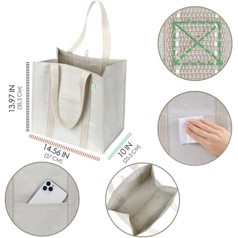 VENO four-pack beige bags with front pocket for easy shopping list access.