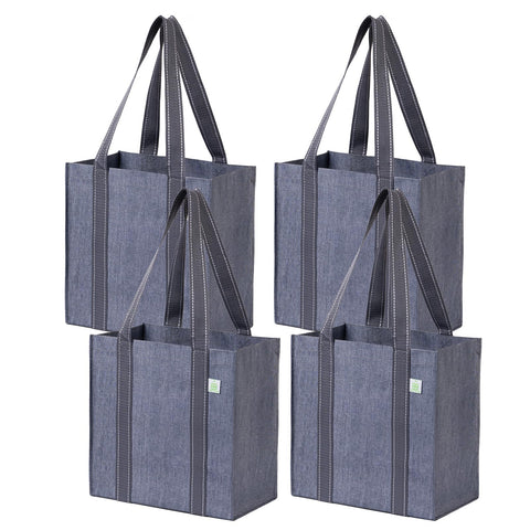 VENO four-pack gray reusable bags with foldable design for clutter-free grocery trips.