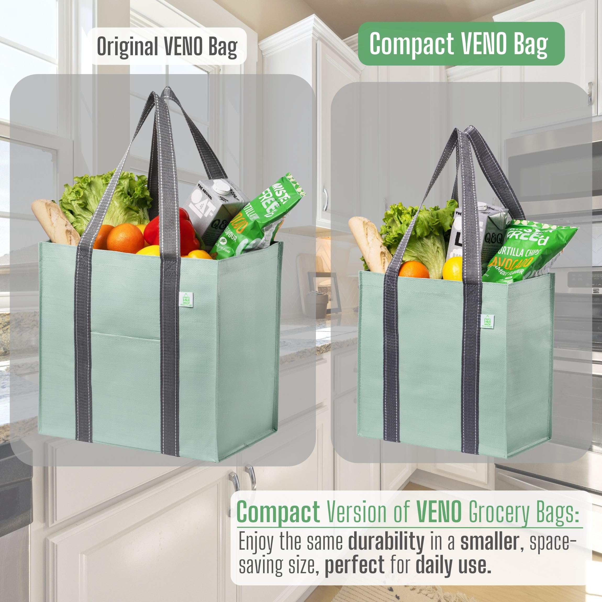 VENO green bag promotes eco-friendly shopping with sturdy carry options.