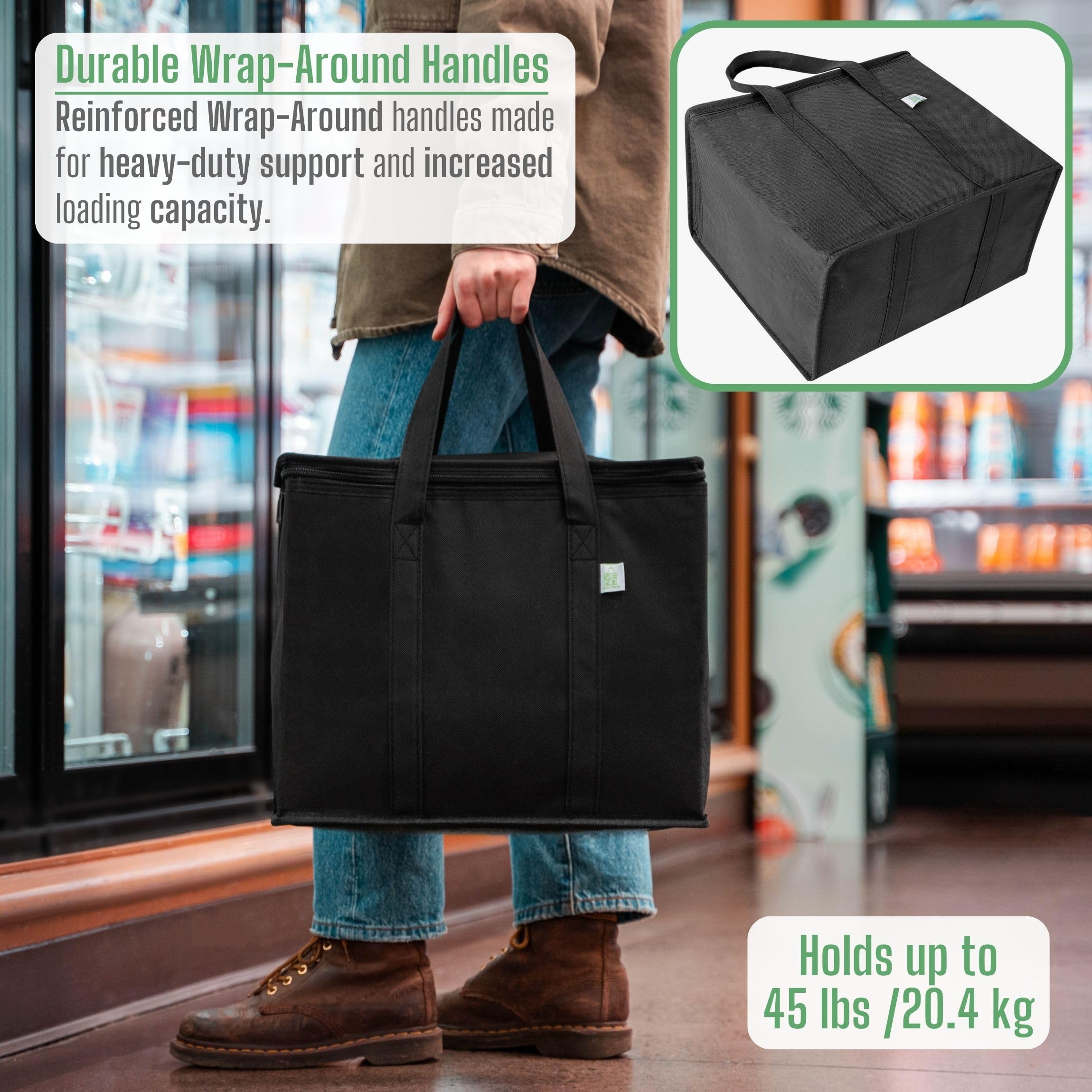 VENO large capacity bag fits groceries, deliveries, and bulk items.