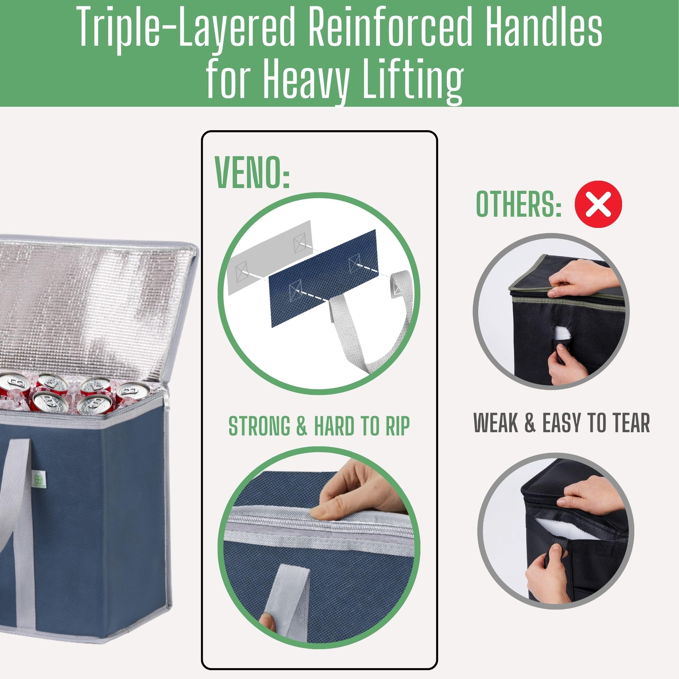 VENO bag pair stands upright when loaded to minimize tipping in transit.