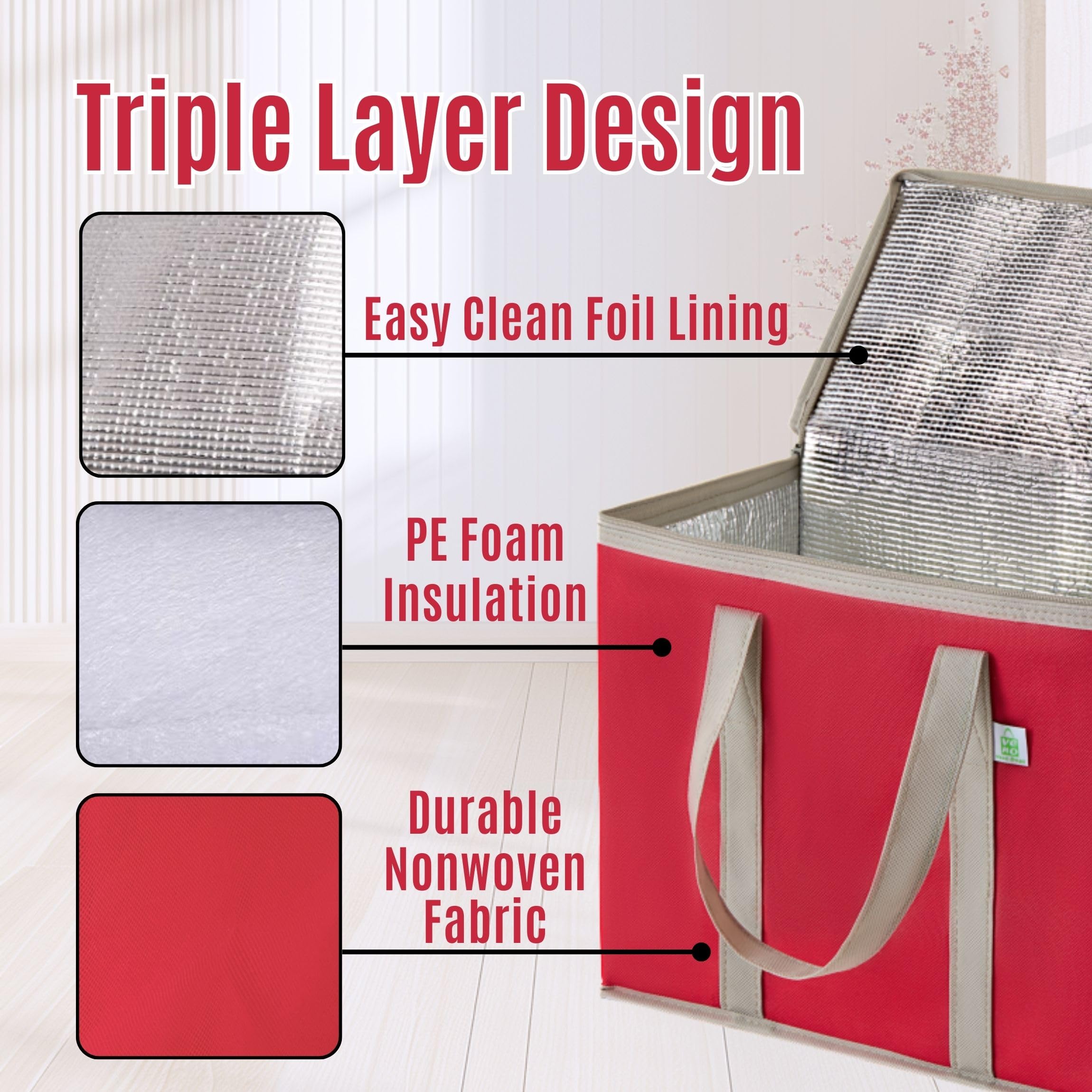 VENO red insulated bags with spacious interior for bulk items.