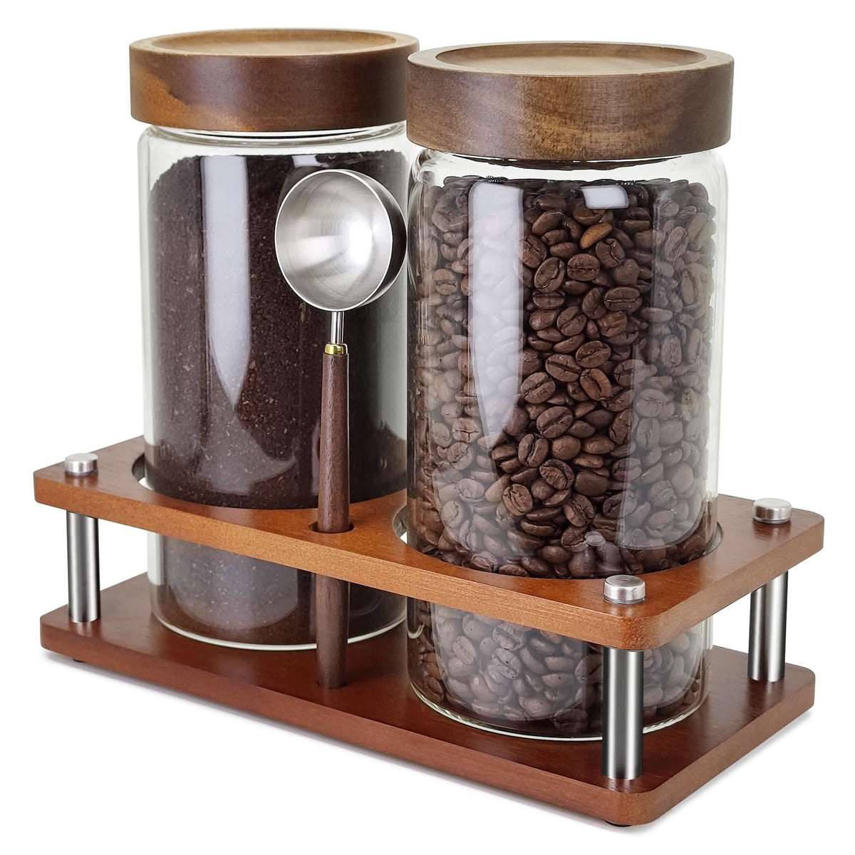 Venuekkuri glass coffee grounds container with shelf for easy access and organization.