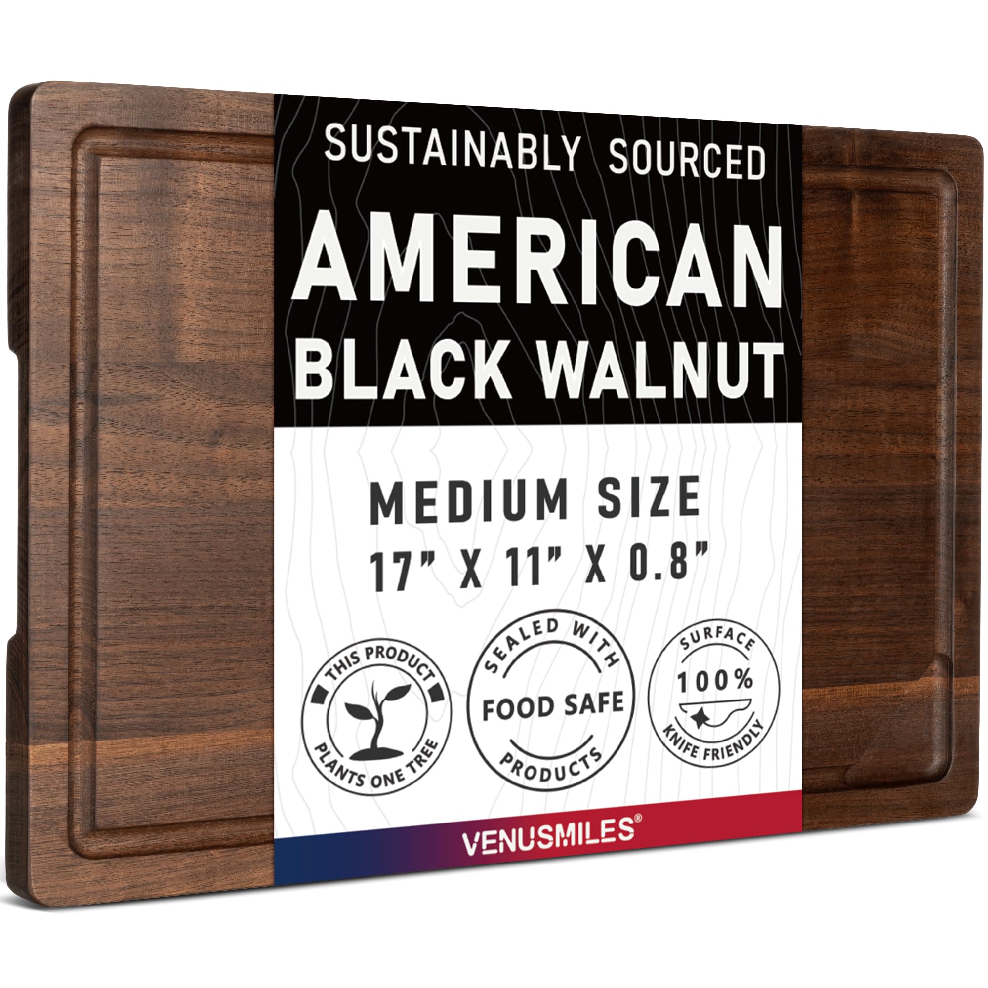 Venusmiles walnut cutting board with deep juice groove for mess-free prep.