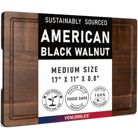 Venusmiles walnut cutting board with deep juice groove for mess-free prep.