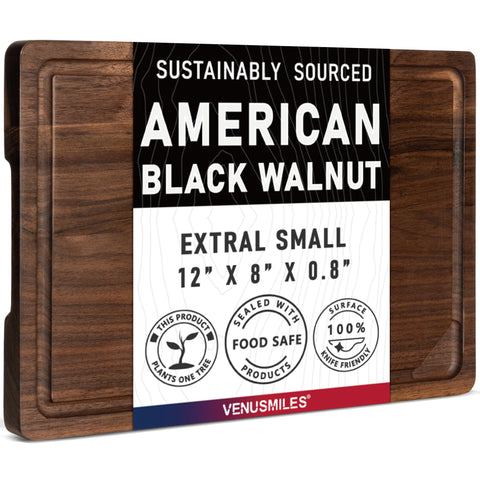 Venusmiles walnut cutting board with a deep juice groove for mess-free prep.