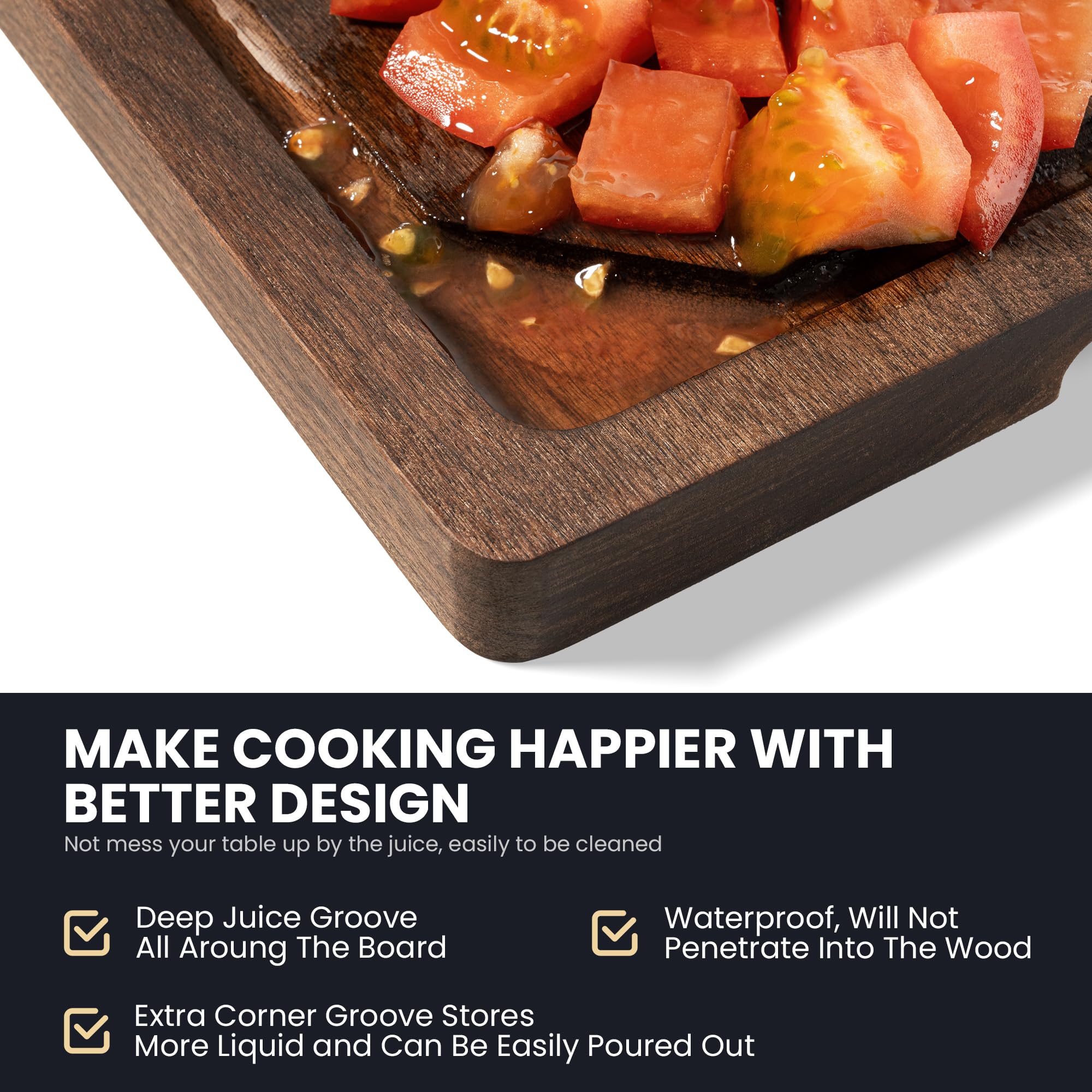 Venusmiles walnut cutting board showing side handles for easy carrying.