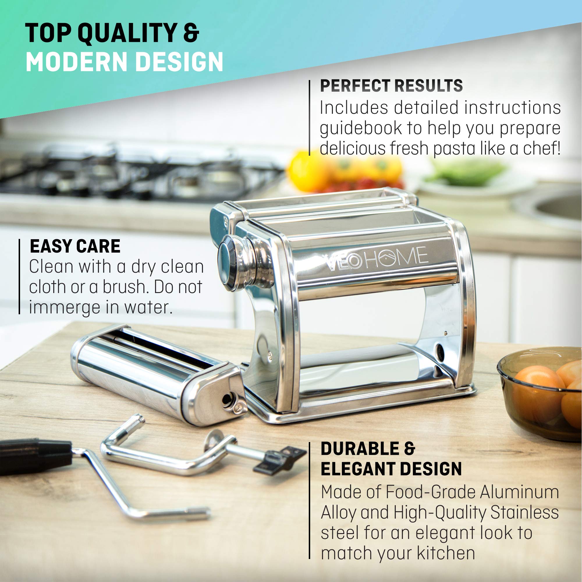 VeoHome manual pasta maker with strong clamp fits securely on countertops