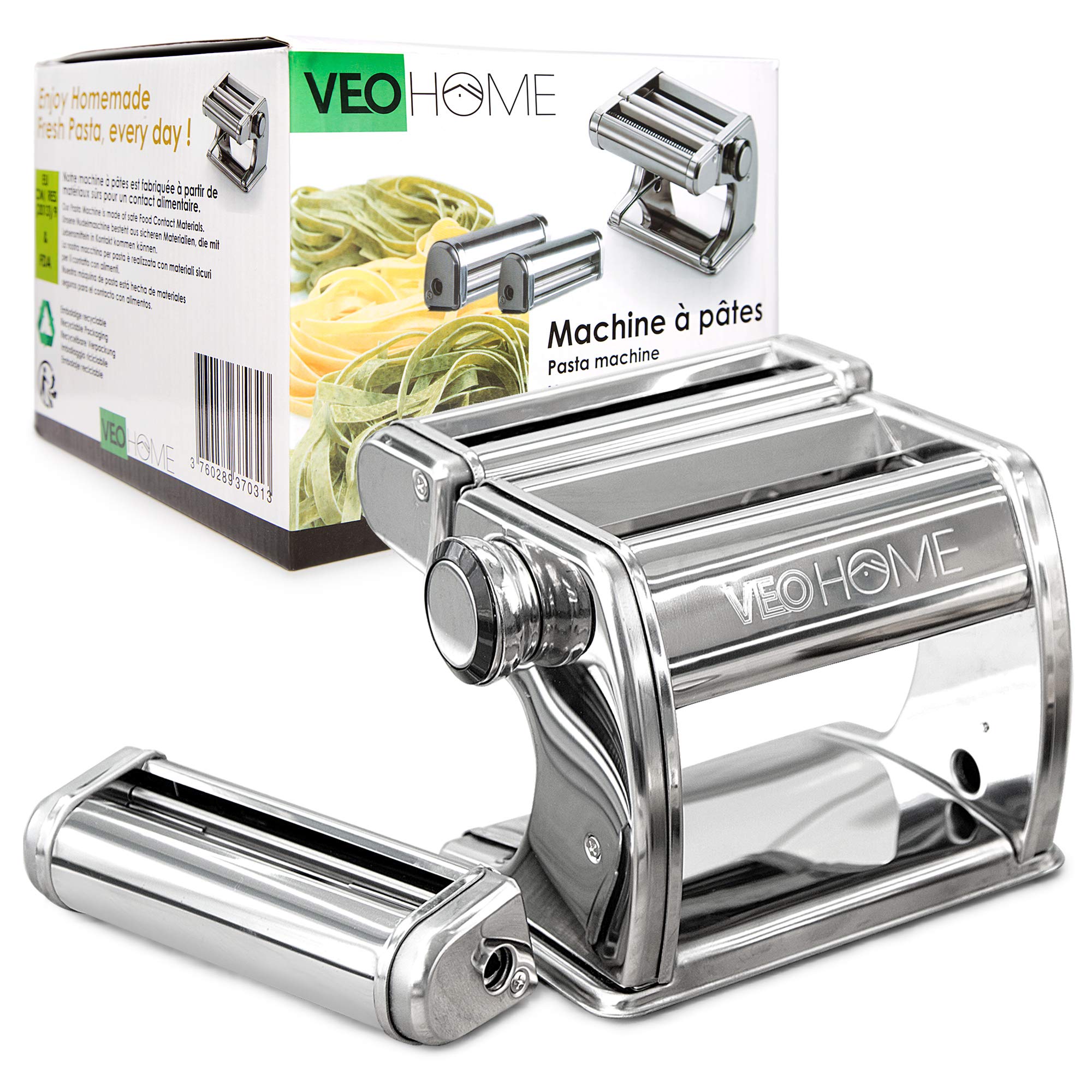 VeoHome stainless steel pasta machine blends with modern kitchen aesthetics