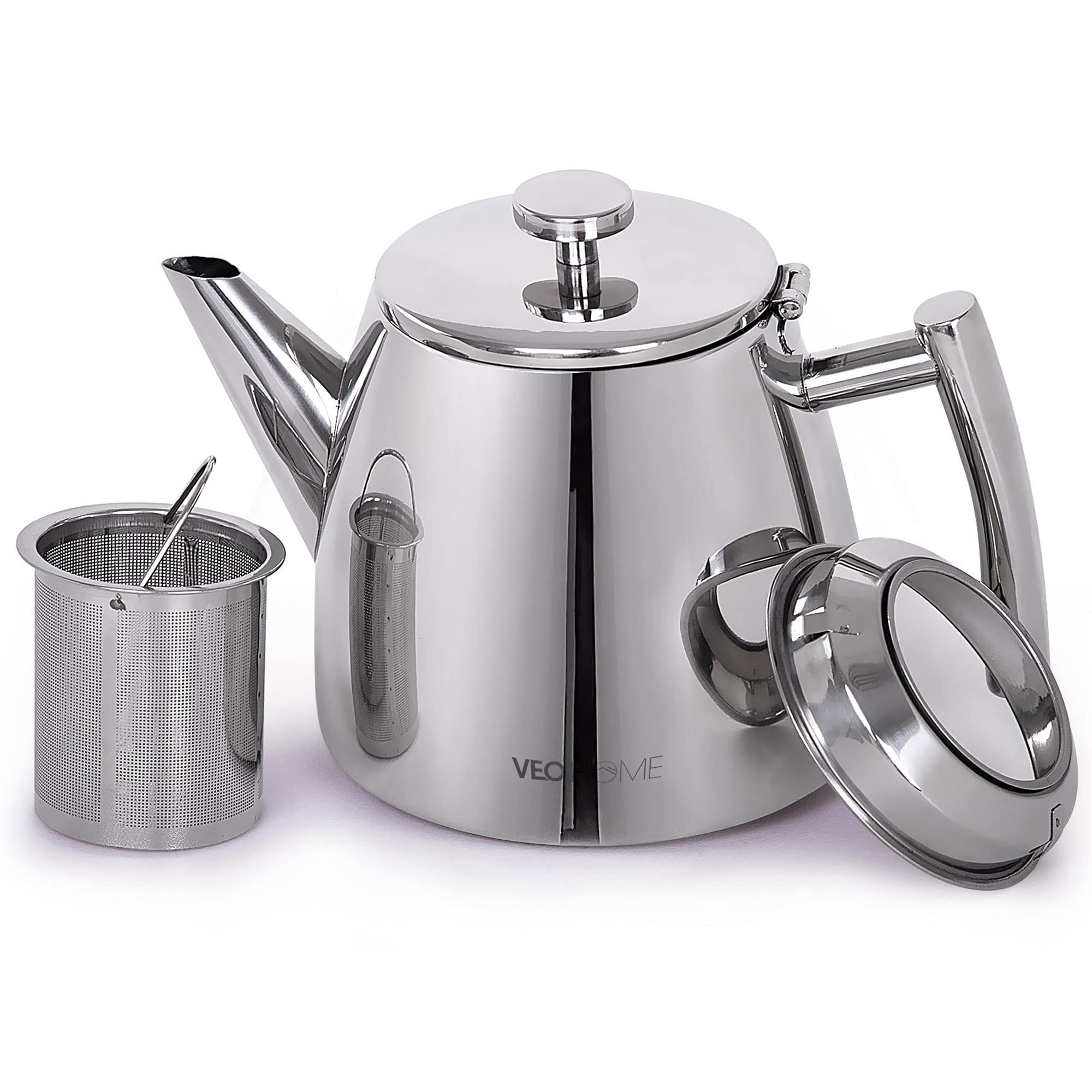 VeoHome stainless steel tea pot with diffuser for loose-leaf brewing.