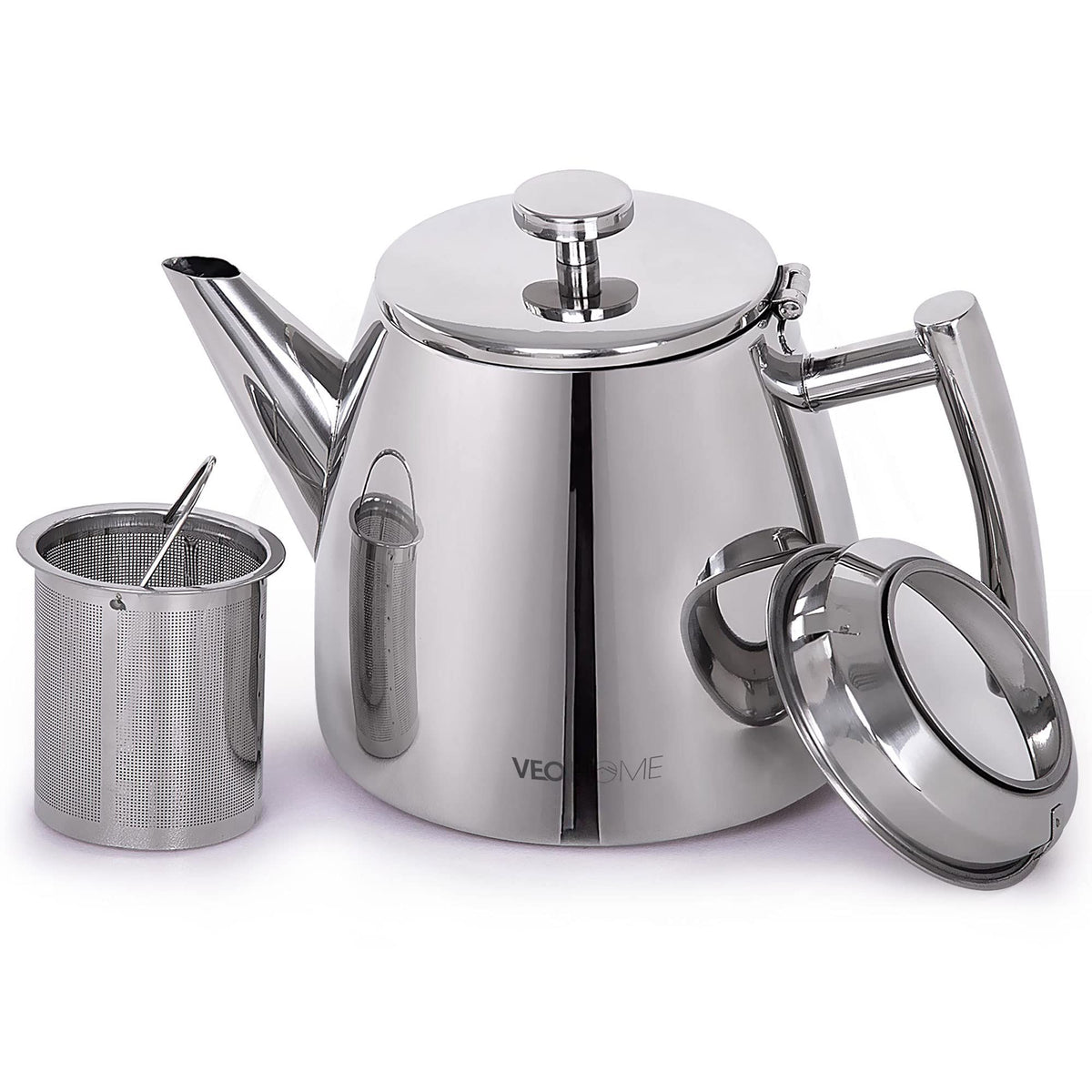 VeoHome stainless steel tea pot with diffuser for loose-leaf brewing.