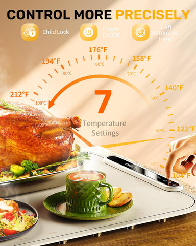 VEPOKA warming mat with seven levels provides precise heat for servings.