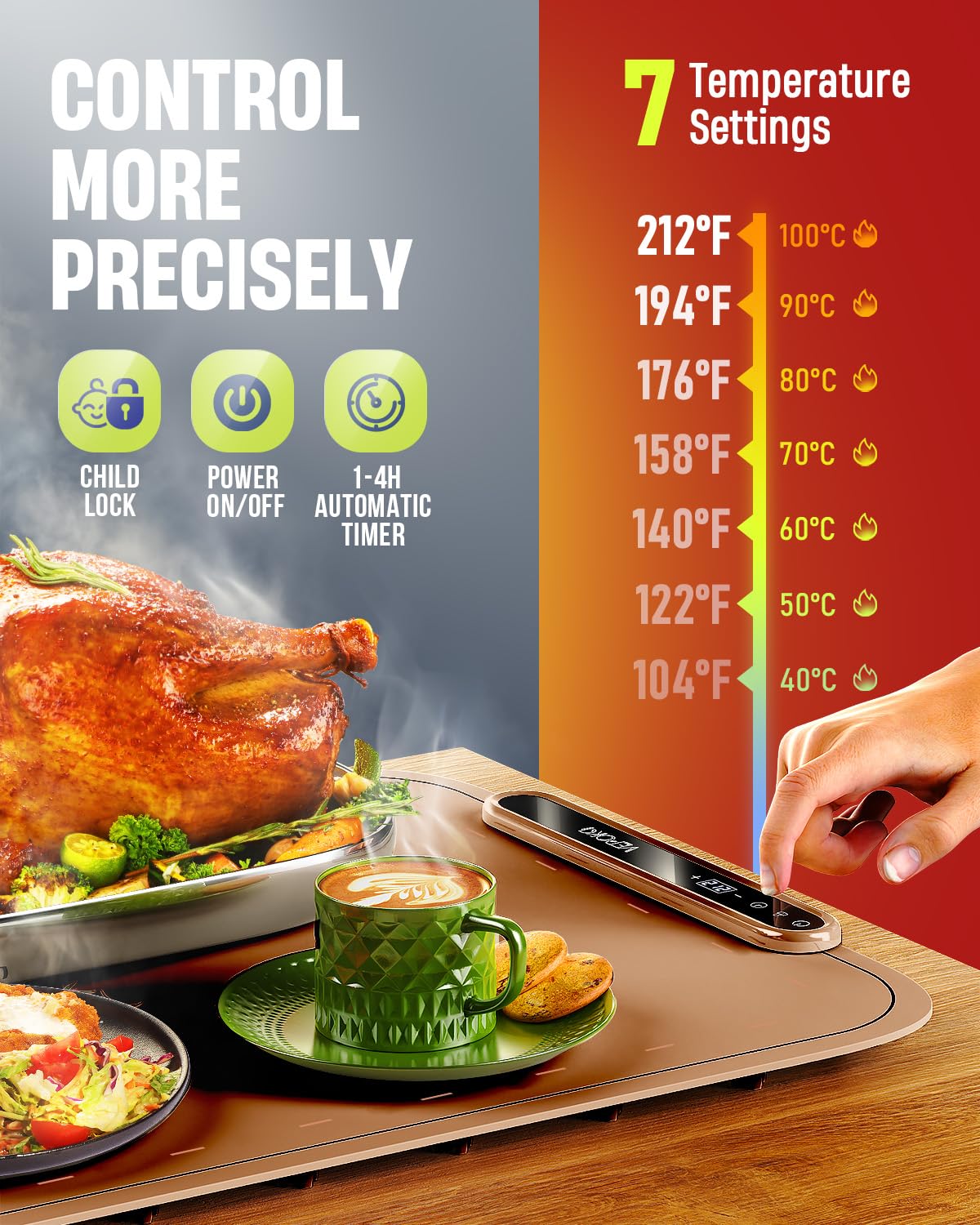 VEPOKA warming mat highlighting seven temperature levels for precise warmth