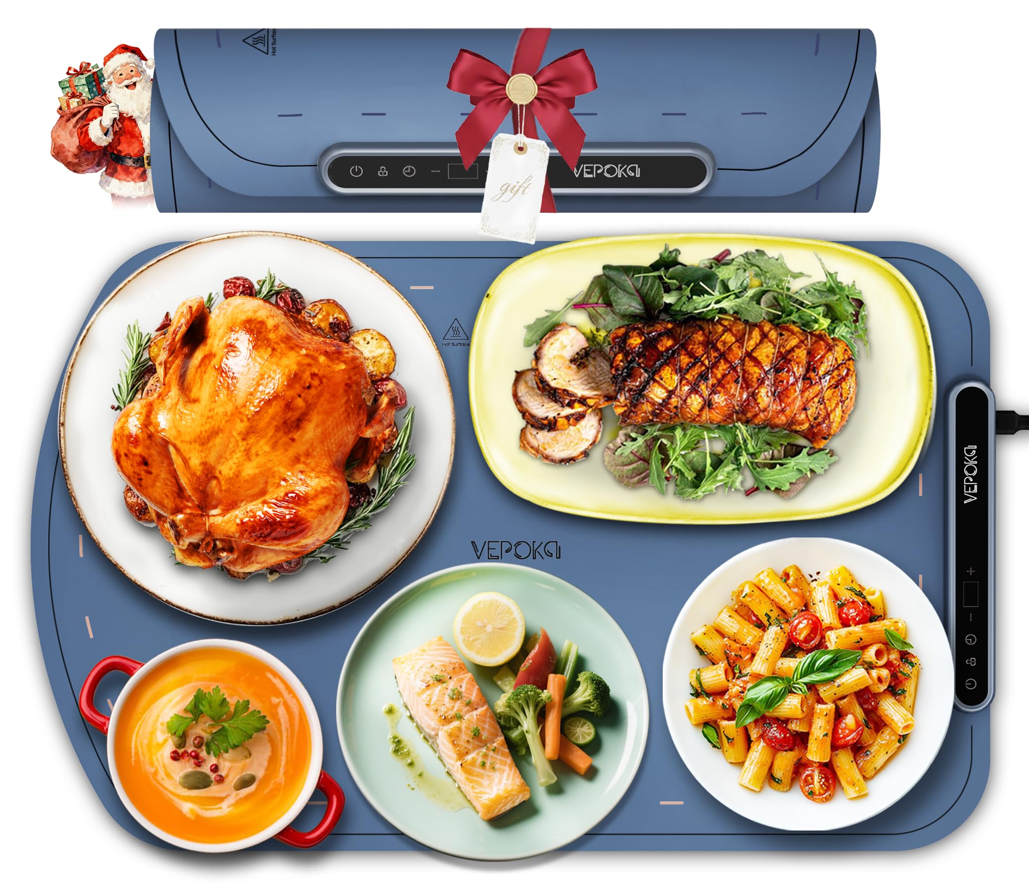 VEPOKA warming mat with a large surface for buffet-style meals and multiple dishes