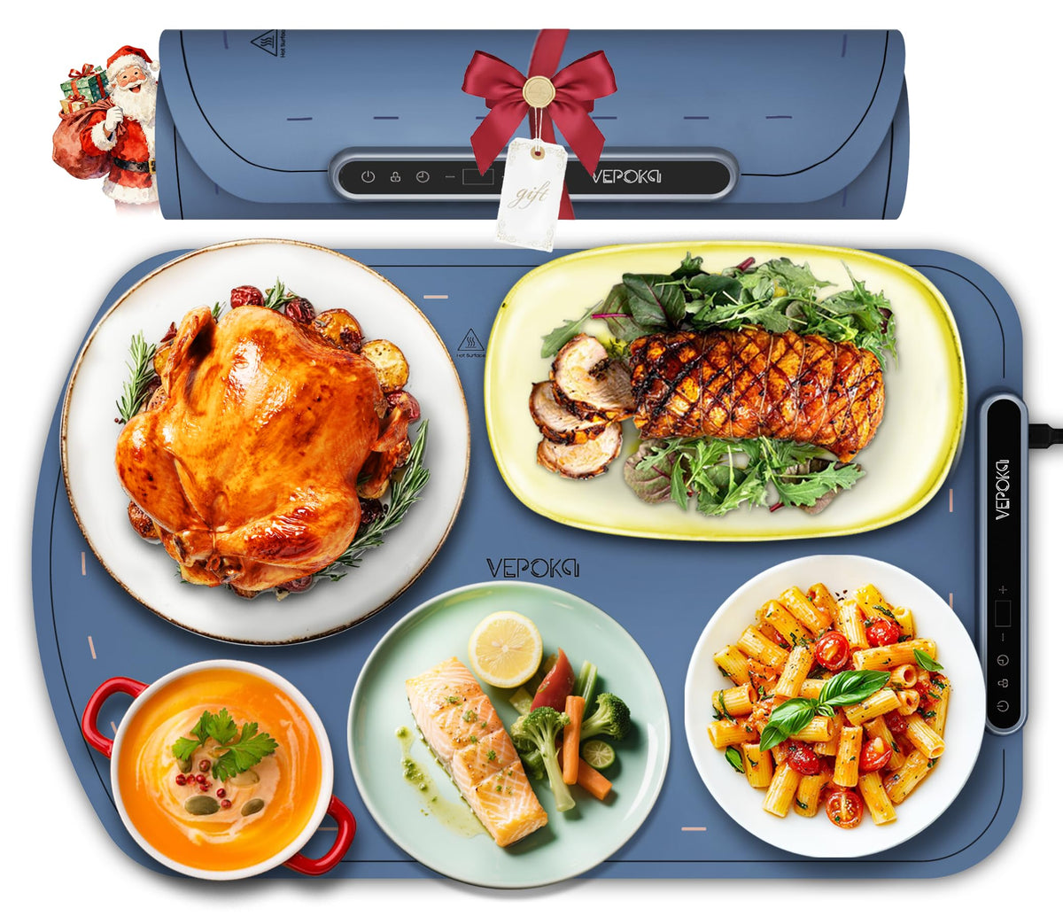 VEPOKA warming mat with a large surface for buffet-style meals and multiple dishes