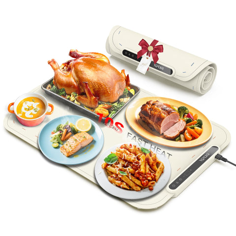 VEPOKA warming mat on countertop with ample space for multiple dishes, ideal for buffets.