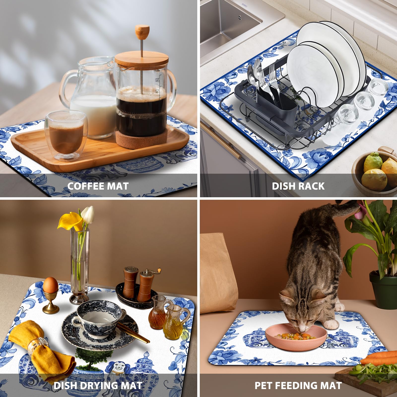 Veqzc Chinoiserie dish drying mat sits on a kitchen counter, ready to absorb moisture