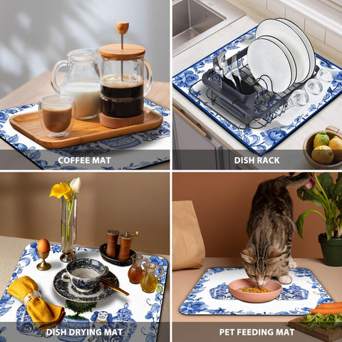 Veqzc Chinoiserie dish drying mat sits on a kitchen counter, ready to absorb moisture