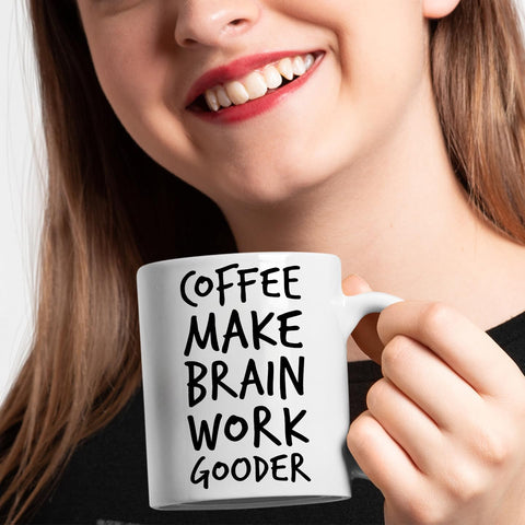 Veracco coffee mug front and back print showcases a humorous brain design.