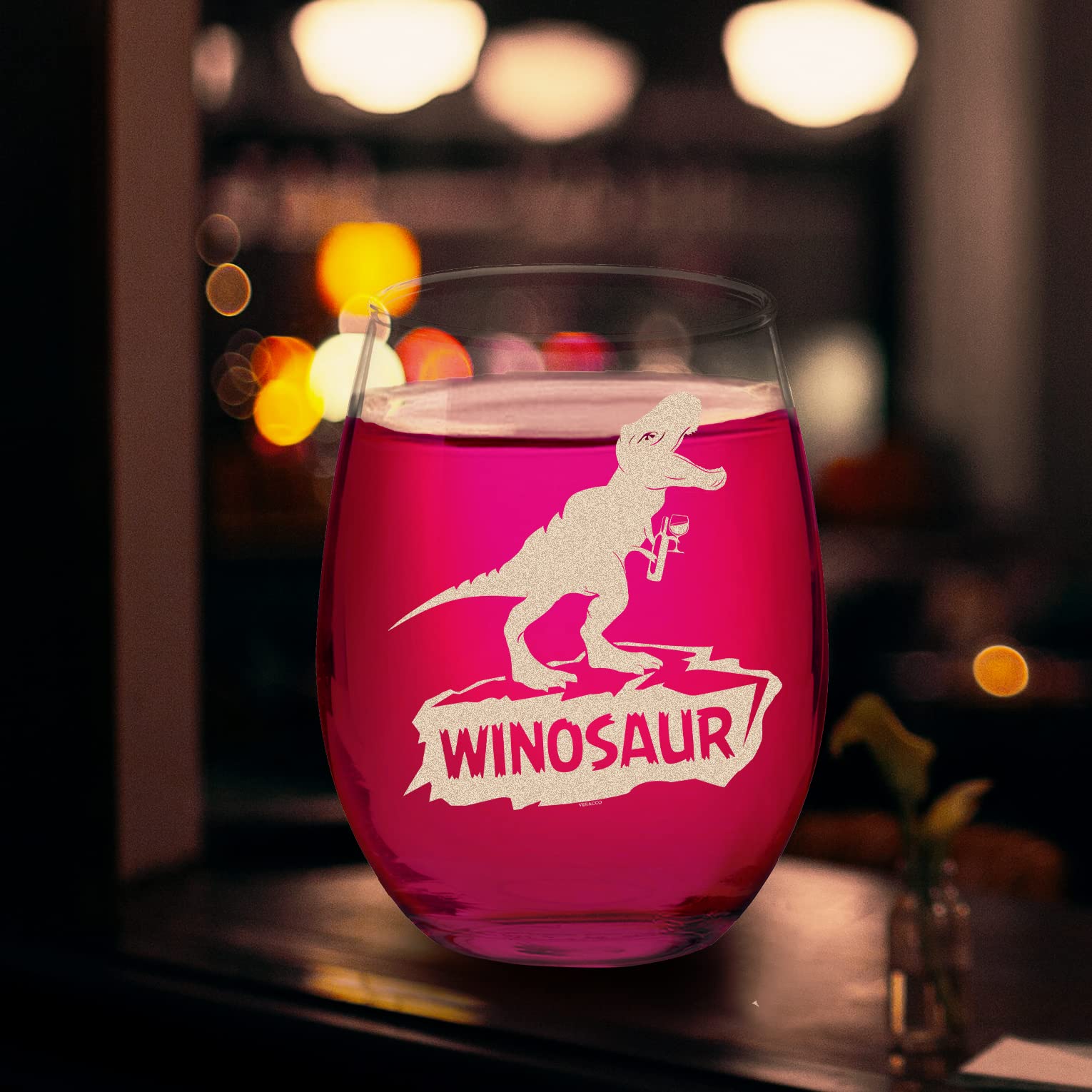 Gift-ready Veracco Winosaur glass, perfect for birthdays or celebrations.