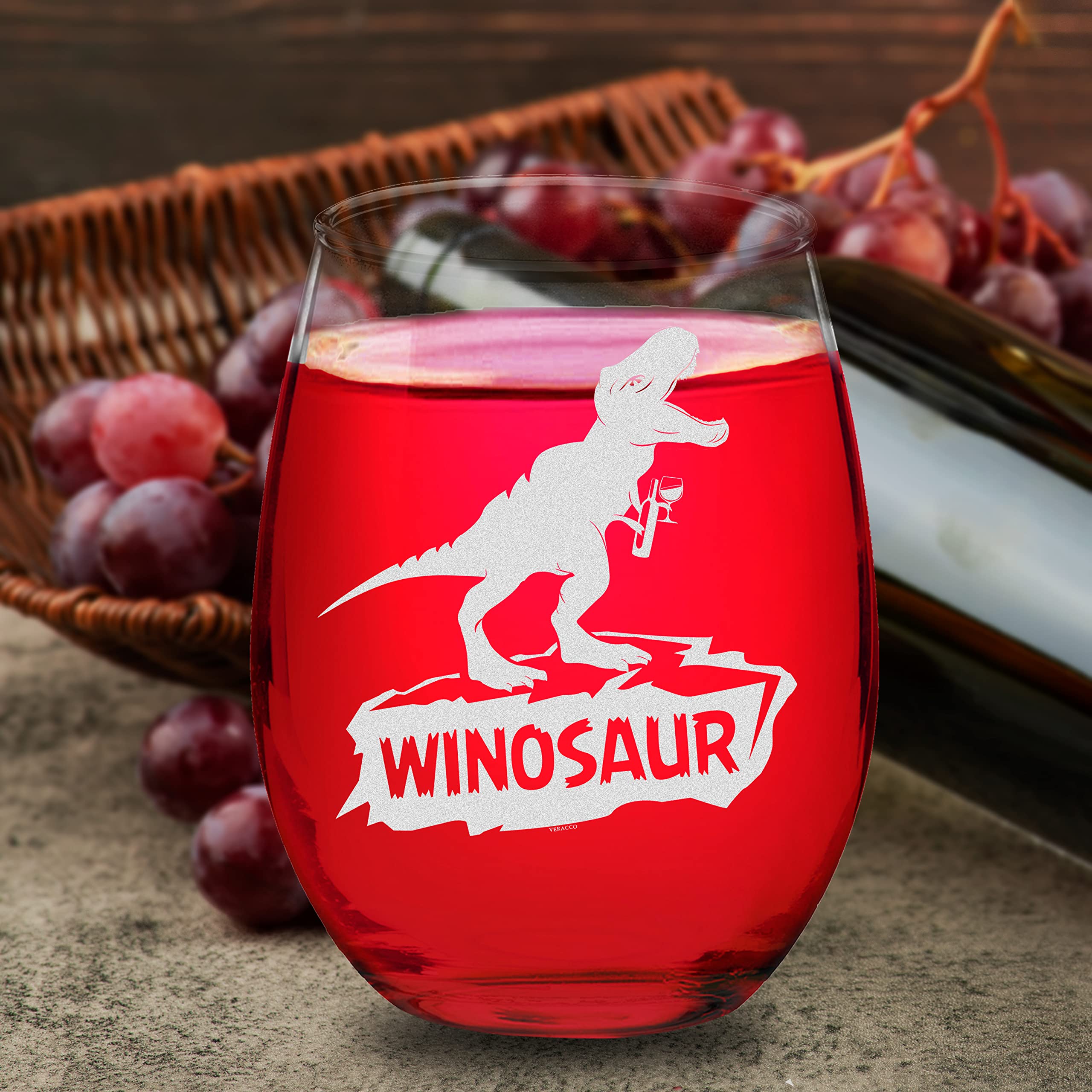 Dinosaur-themed stemless glass enhancing party and dinner settings.