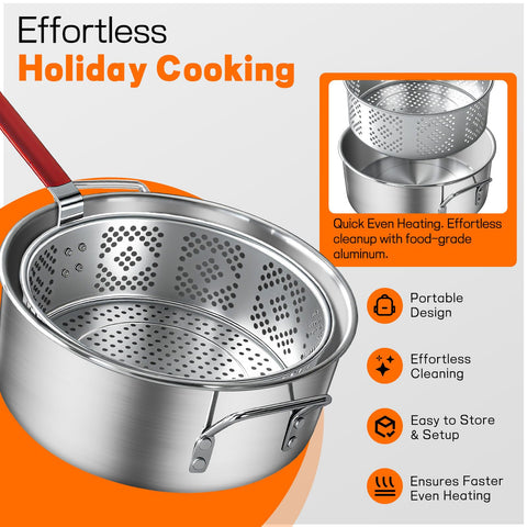 Veralune 10QT fryer basket designed for large batches and efficient oil drainage in action.