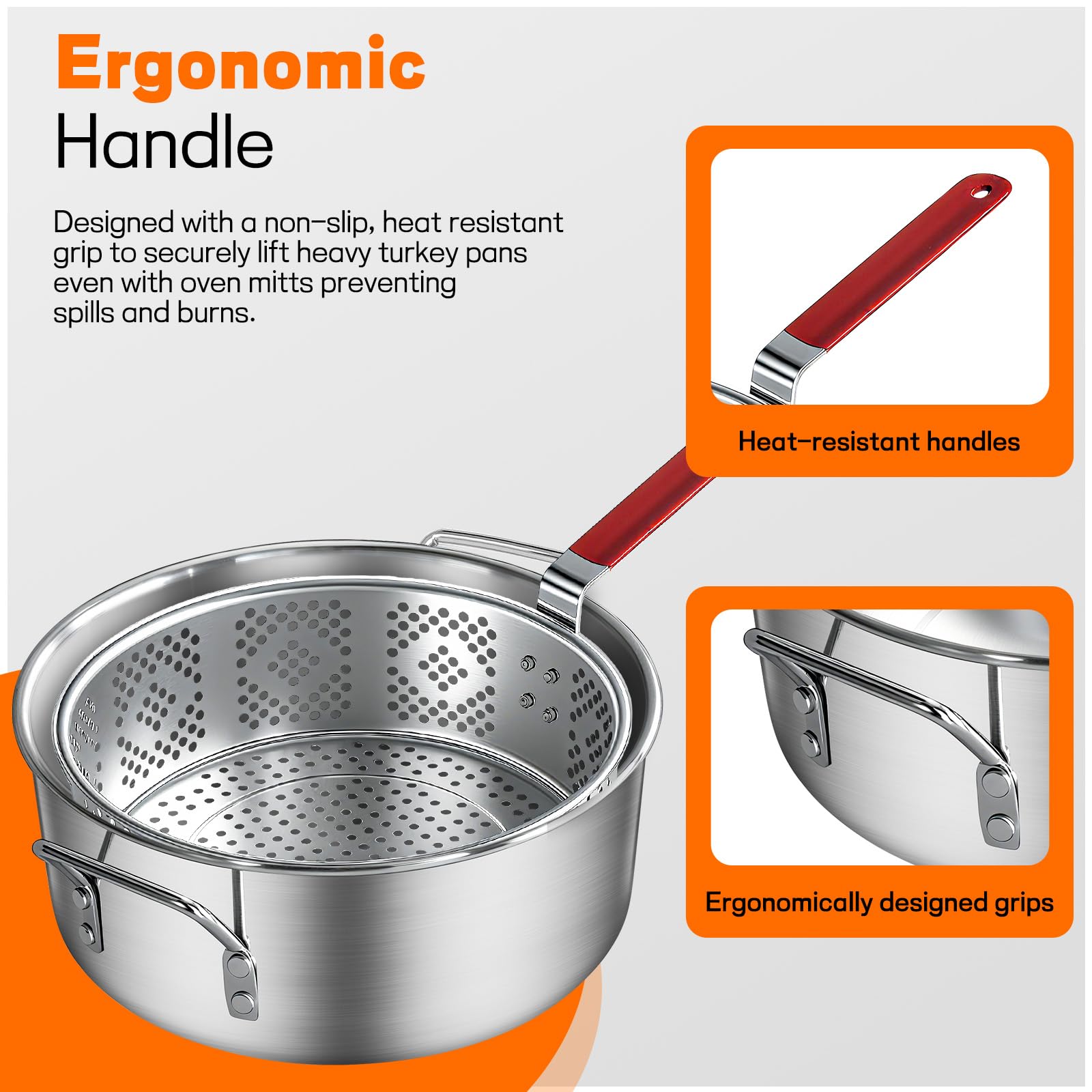 Veralune heat-resistant handle provides a safe grip while handling hot oil.