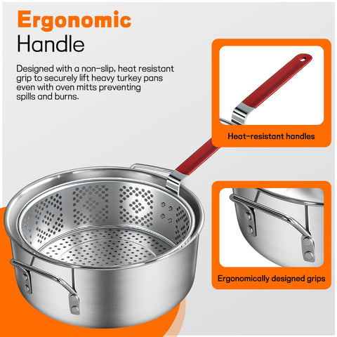 Veralune heat-resistant handle provides a safe grip while handling hot oil.