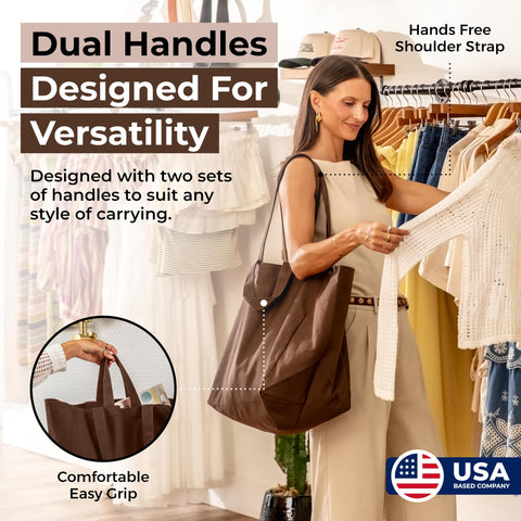 VeraMia bag with bottle pockets keeps 2L bottles organized during shopping.