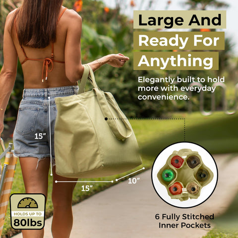 Heavy-duty stitching on VeraMia canvas bag reinforces durability.
