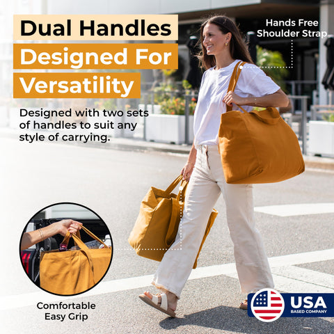 VeraMia dual-handle tote with 25in shoulder strap for comfortable carrying.