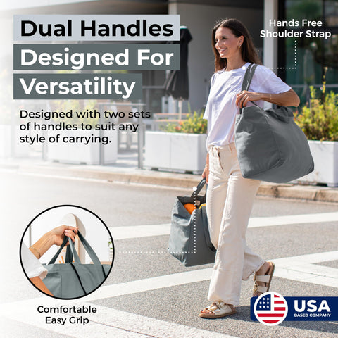 VeraMia dual-handle design with long strap for versatile carrying options.