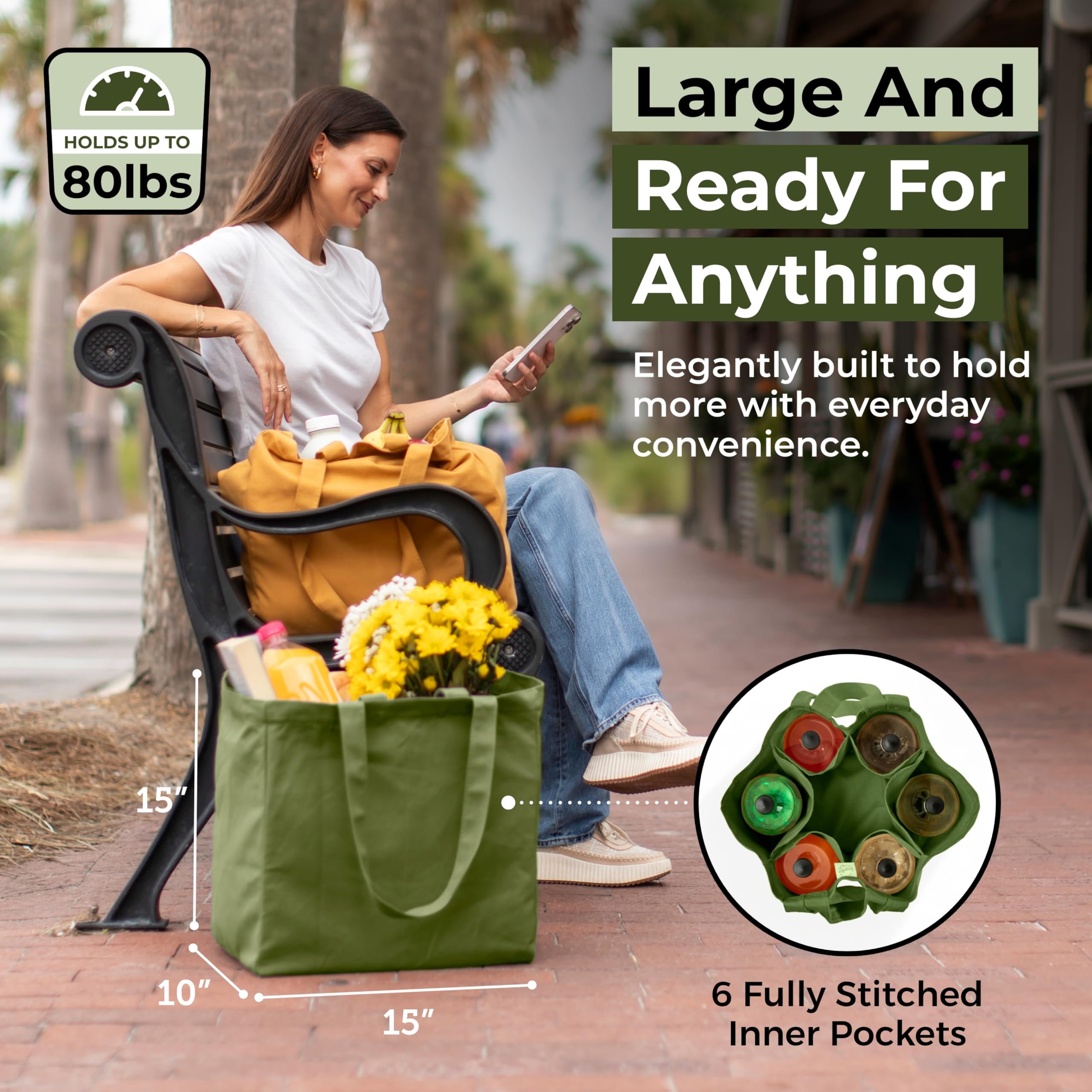 VeraMia natural canvas bag in forest green material texture.