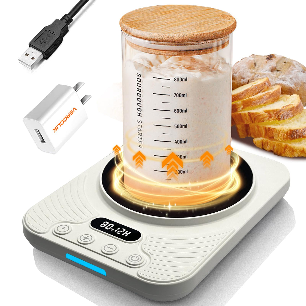Vercclik sourdough warmer mat shows heat-area coverage for consistent dough fermentation.