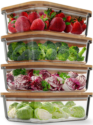 Verel glass 36oz container four-pack on countertop ready for meal prep