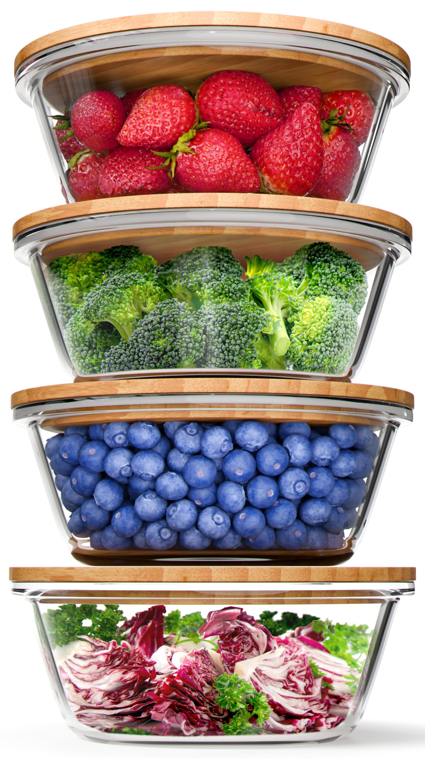 Verel round glass containers with bamboo lids, 32 oz, stackable for meal prep