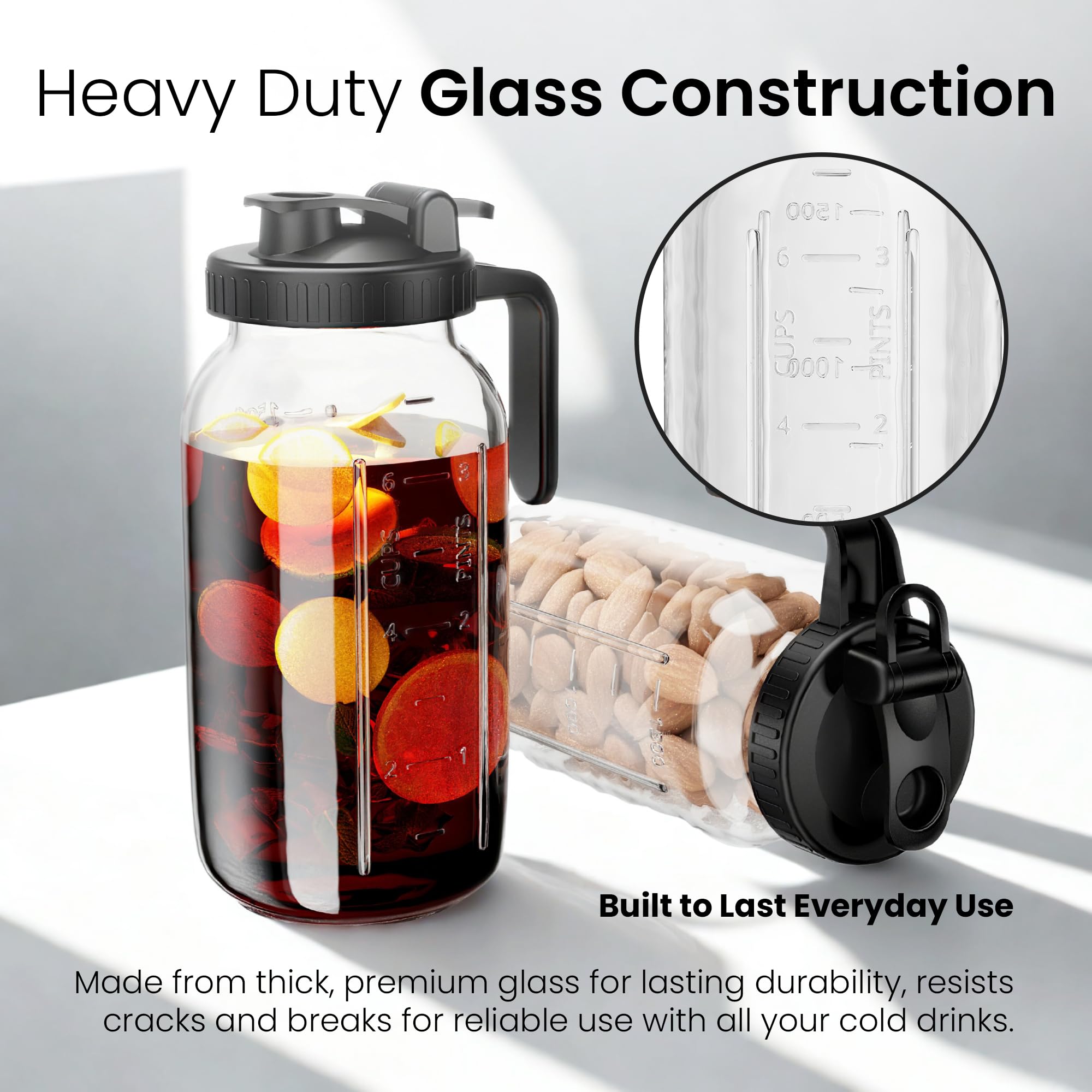 Veri Beond mason jar pitcher lid shown to keep contents fresh