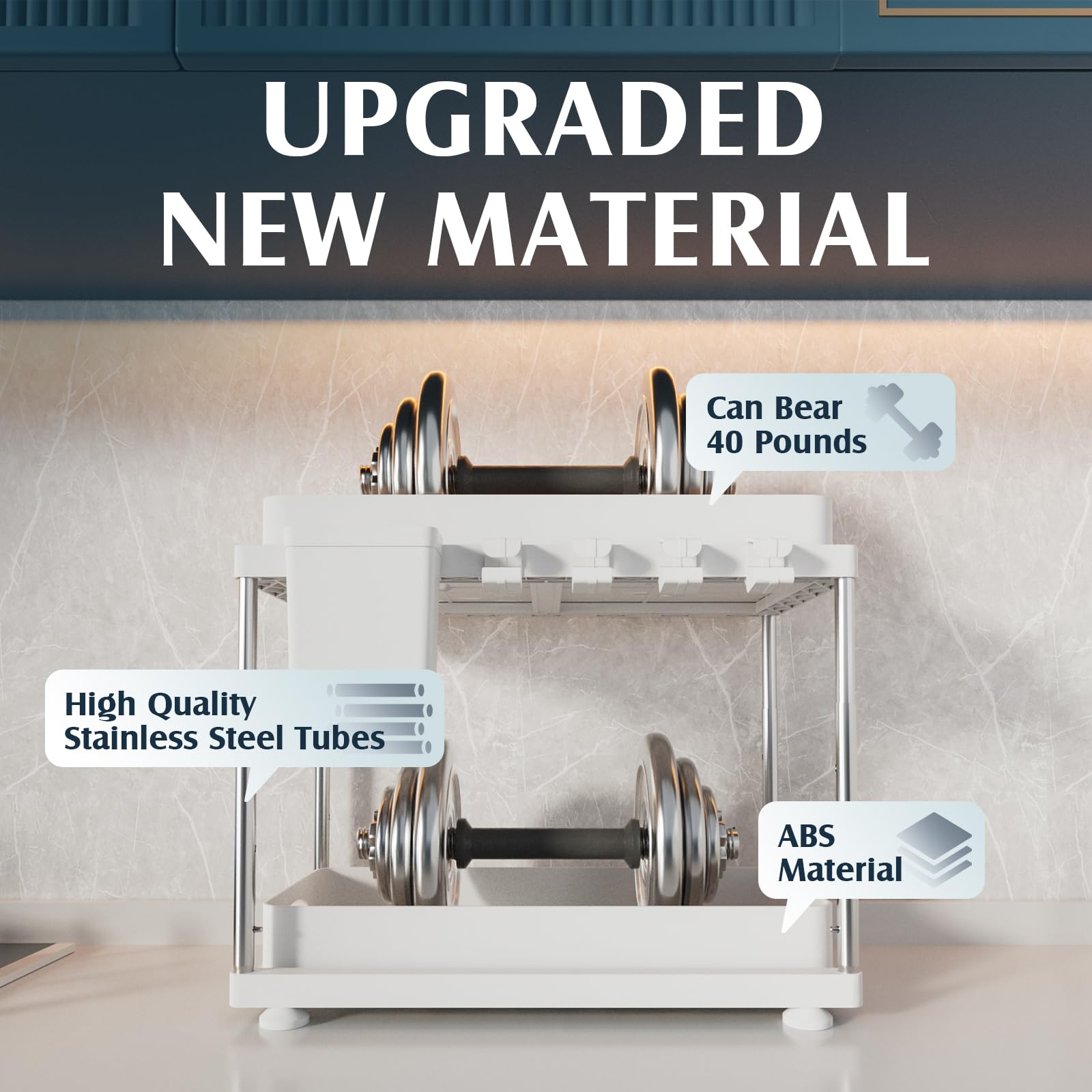 VERIFOST height-adjustable two-tier organizer adapts to cabinet height for bottles and bakeware