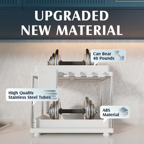 VERIFOST height-adjustable two-tier organizer adapts to cabinet height for bottles and bakeware