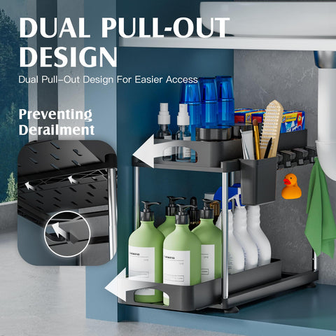 VERIFOST height-adjustable under-sink organizer extended to show custom fit.