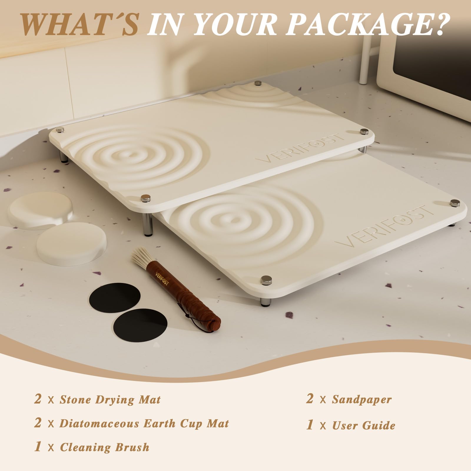 VERIFOST Pearl White drying stone keeps kitchen counters scratch-free.