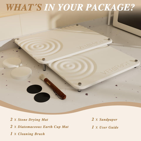 VERIFOST Pearl White drying stone keeps kitchen counters scratch-free.