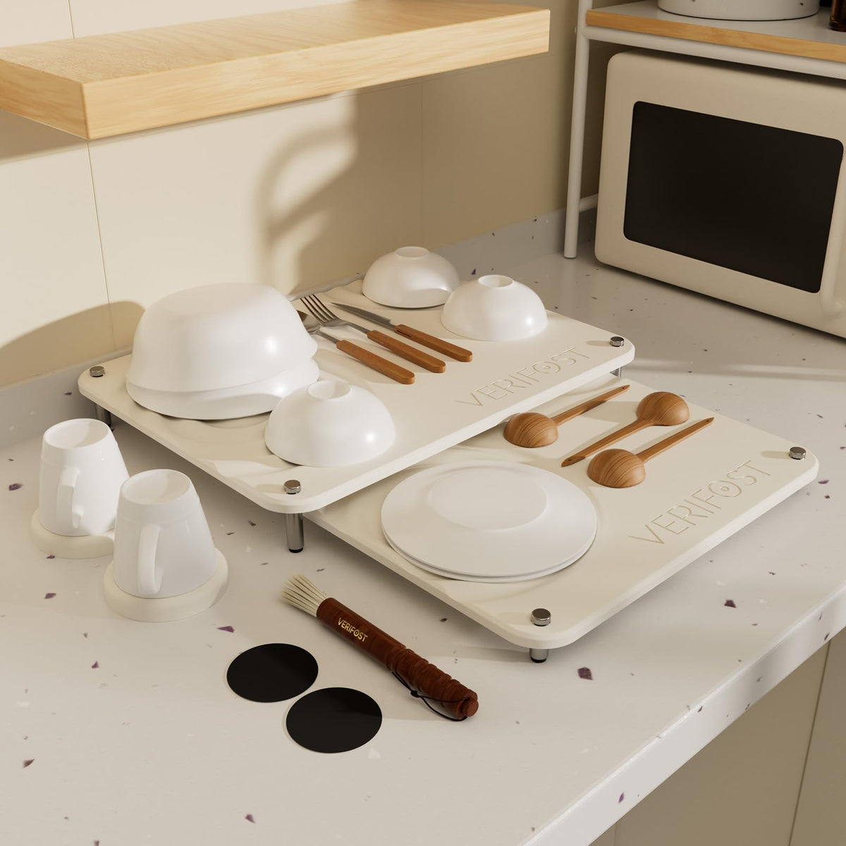 VERIFOST Pearl White drying stone pair on counter for compact, efficient dish drying.