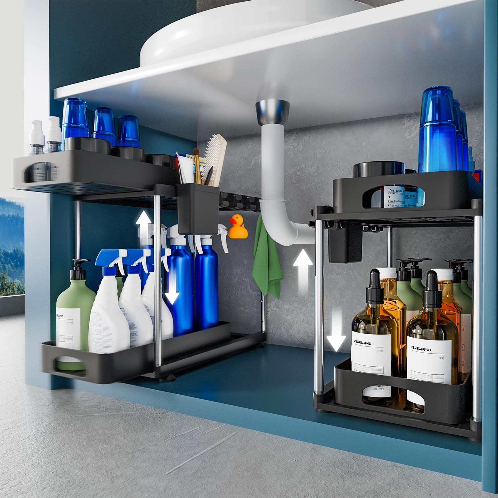 VERIFOST two-pack under-sink organizer front view for compact, organized cabinet storage.