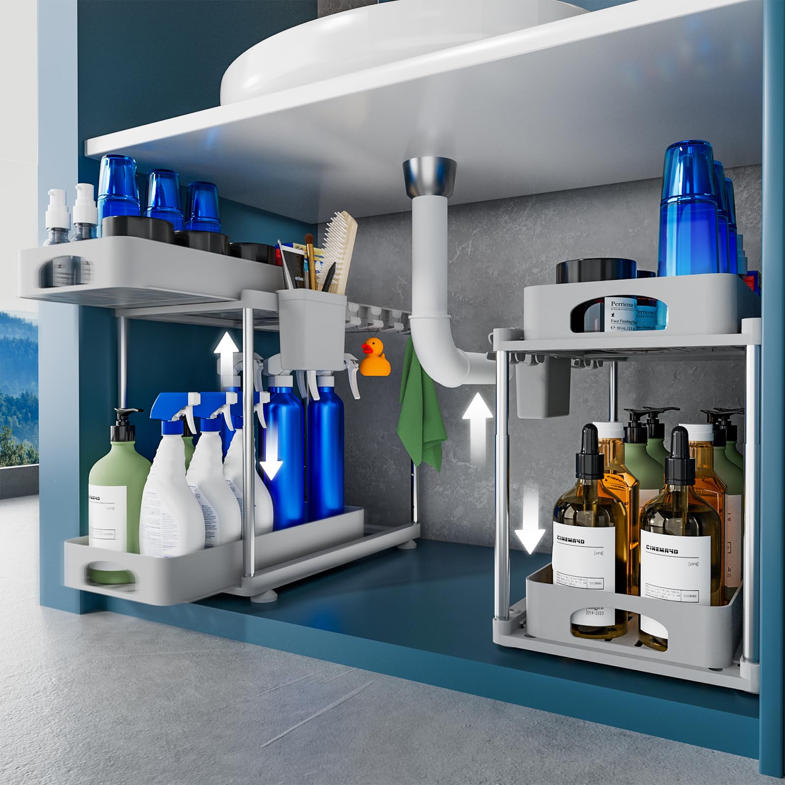 VERIFOST under-sink organizer with dual pull-out shelves keeps kitchen essentials organized