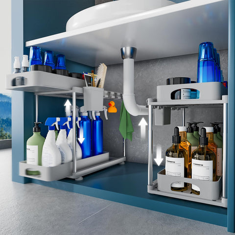 VERIFOST under-sink organizer with dual pull-out shelves keeps kitchen essentials organized